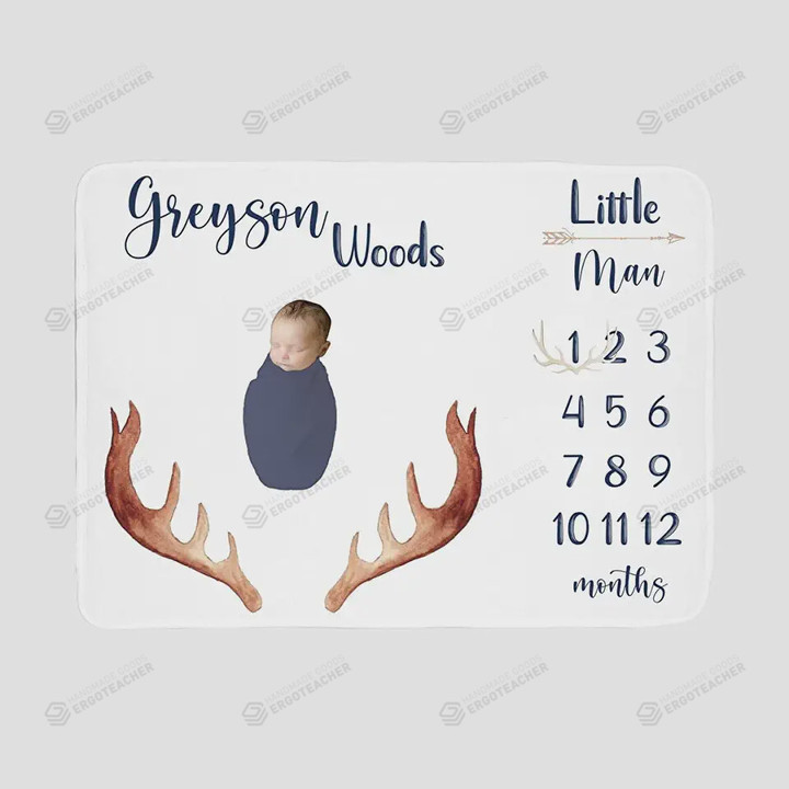 Personalized Antlers Monthly Milestone Blanket, Newborn Blanket, Baby Shower Gift Adventure Awaits Monthly Growth