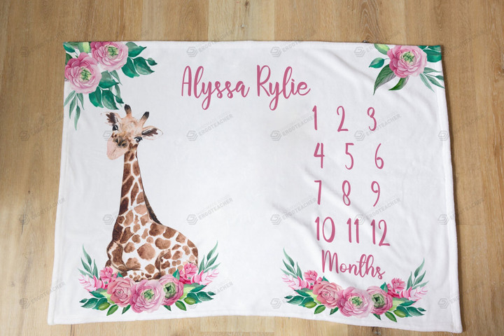 Personalized Giraffe Rose Monthly Milestone Blanket, Newborn Blanket, Baby Shower Gift Track Growth Keepsake