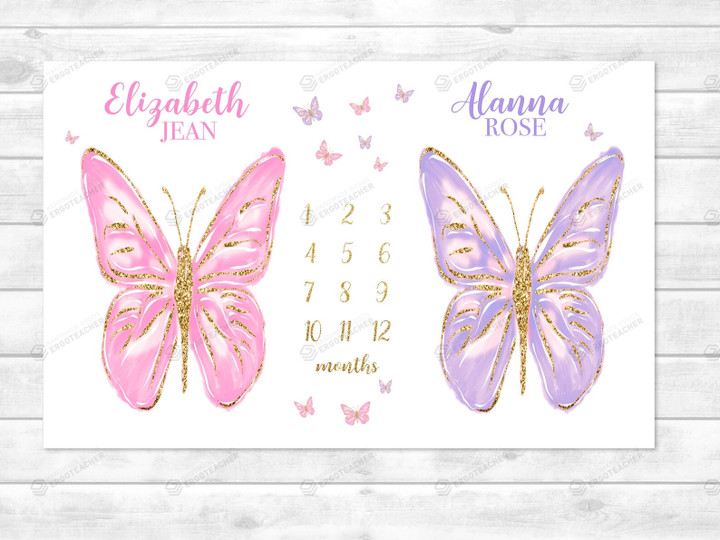 Personalized Butterfly Monthly Milestone Blanket, Twins Newborn Blanket, Baby Shower Gift Watch Me Grow Monthly