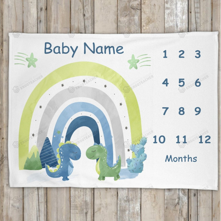 Personalized Dinosaur & Rainbow Monthly Milestone Blanket, Newborn Blanket, Baby Shower Gift Track Growth Keepsake