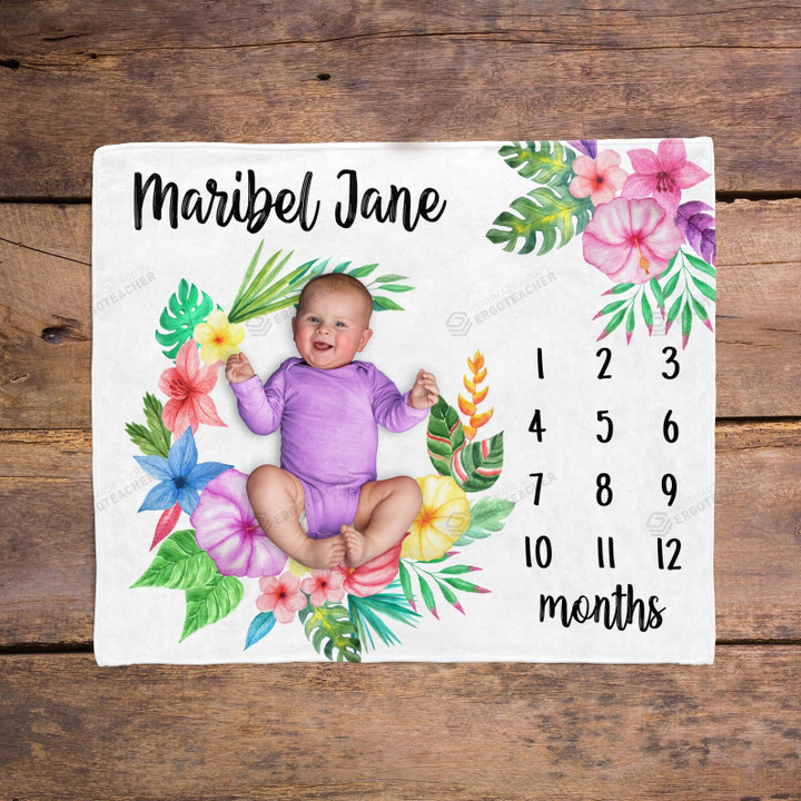 Personalized Tropical Flower Monthly Milestone Blanket, Newborn Blanket, Baby Shower Keepsakes Gift