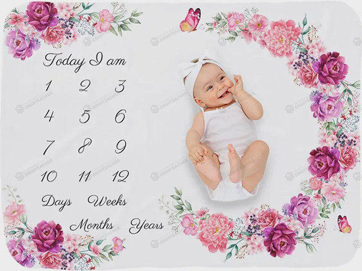 Rose To Day I Am Monthly Milestone Blanket, Newborn Blanket, Baby Shower Gift Watch Me Grow Monthly