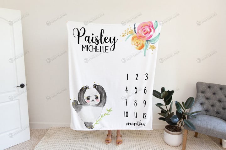 Personalized Panda & Rose Monthly Milestone Blanket, Newborn Blanket, Baby Shower Gift Watch Me Grow Monthly
