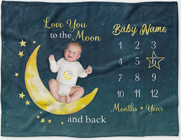 Personalized Love You To The Moon And Back Monthly Milestone Blanket, Moon & Stars Newborn Blanket, Baby Shower Gift Never Stop Exploring