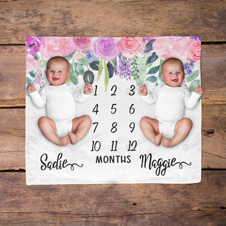 Personalized Twin Floral Monthly Milestone Blanket, Newborn Blanket, Baby Shower Gift Monthly Growth Tracker