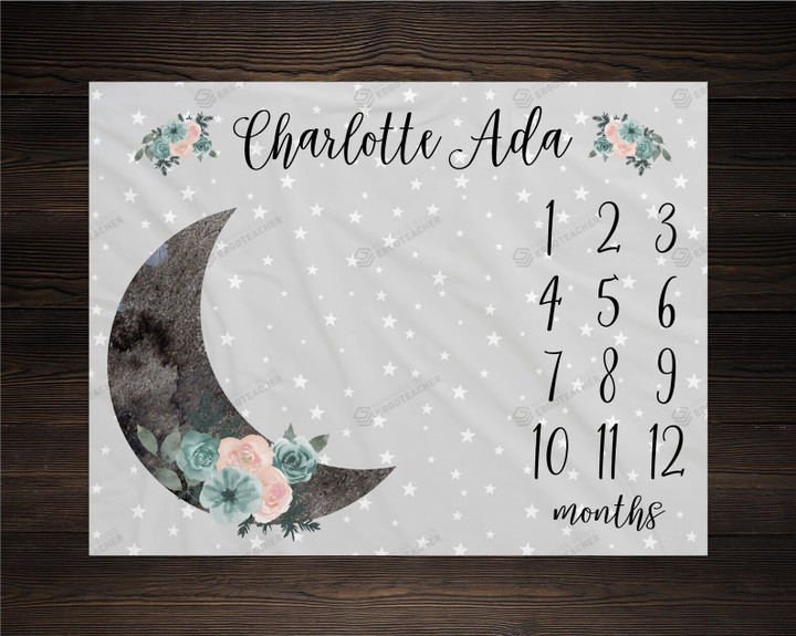 Personalized Moon And Rose Monthly Milestone Blanket, Newborn Blanket, Baby Shower Gift Adventure Awaits Monthly Growth