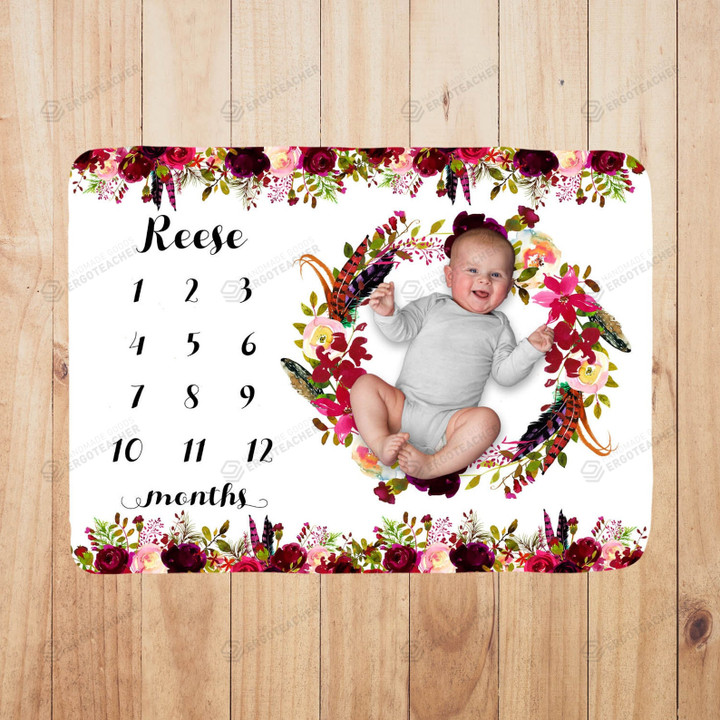 Personalized Red Flowers Monthly Milestone Blanket, Newborn Blanket, Baby Shower Gift Track Growth And Age Monthly