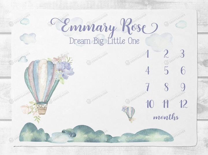 Personalized Hot Air Balloon Floral Monthly Milestone Blanket, Dream Big Little One Newborn Blanket, Baby Shower Gift Never Stop Exploring
