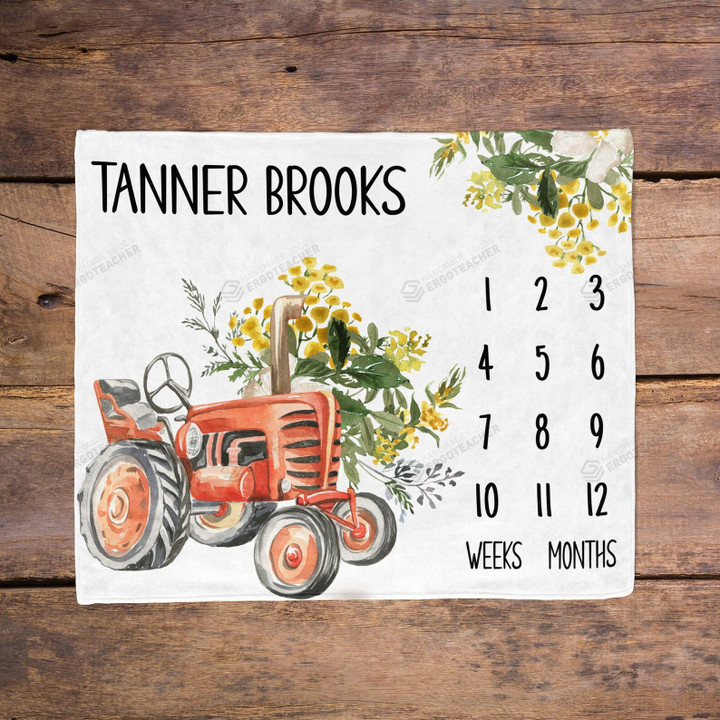 Personalized Farm Tractor Monthly Milestone Blanket, Newborn Blanket, Baby Shower Gift Track Growth And Age Monthly