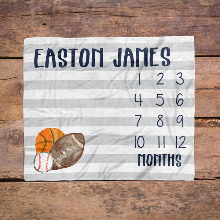 Personalized Sports Balls Monthly Milestone Blanket, Newborn Blanket, Baby Shower Gift Watch Me Grow Monthly