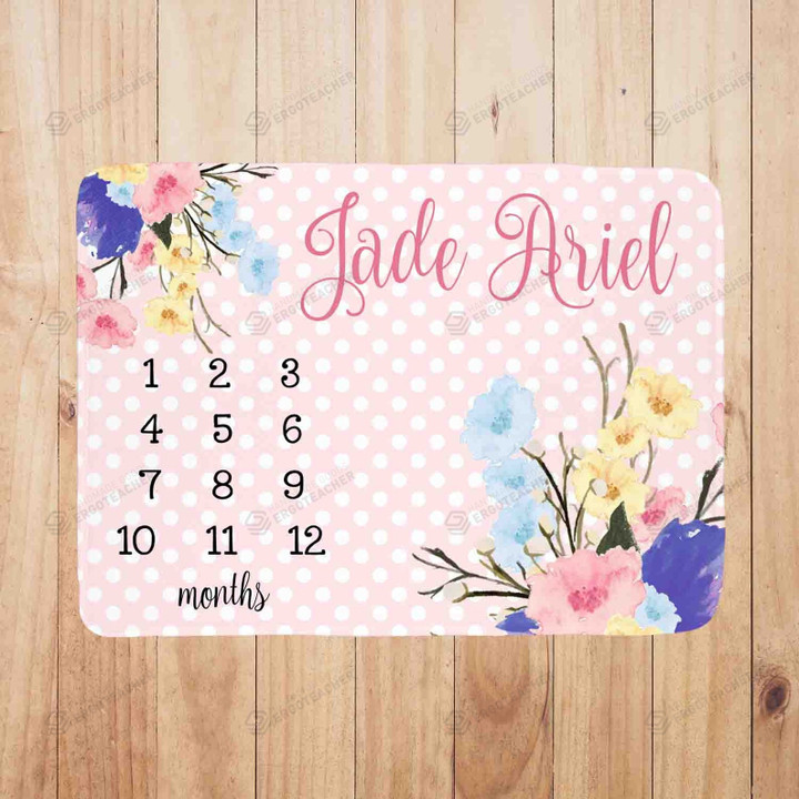 Personalized Watercolor Flower Monthly Milestone Blanket, Newborn Blanket, Baby Shower Gift Watch Me Grow Monthly