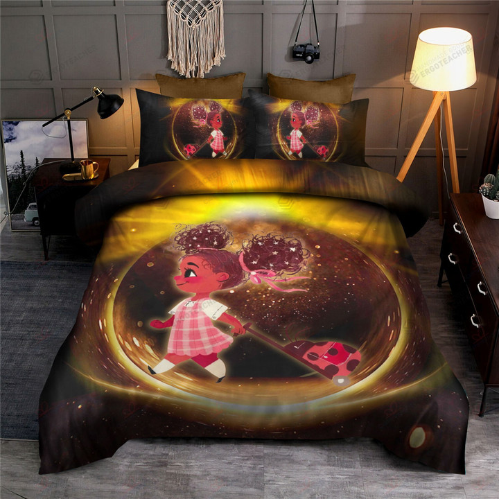 African American Cute Daughter Back To School Bed Sheets Spread Duvet Cover Bedding Set