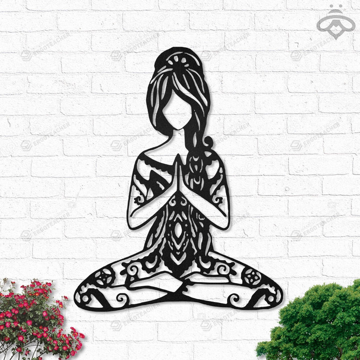 Yoga Girl In Hippie Style Metal Wall Art With Led Lights, Namaste Sign Decoration For Living Room, Meditation Outdoor Home Decor Gift
