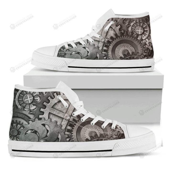 Steampunk Metal Gears Print White High Top Shoes For Men And Women