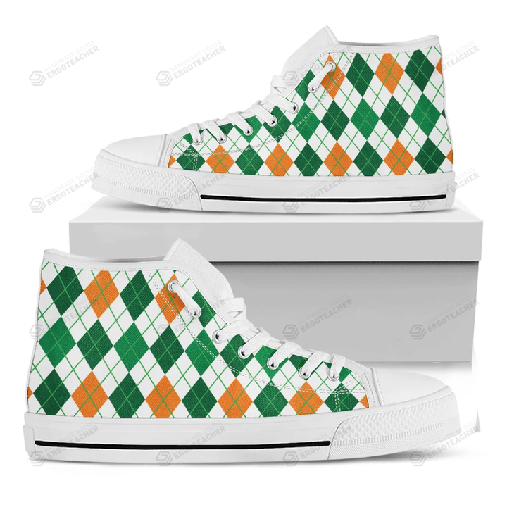 St Patrick's Day Argyle Pattern Print White High Top Shoes For Men And Women