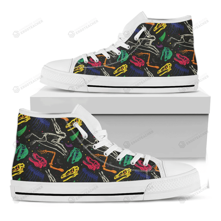 Colorful Dinosaur Fossil Pattern Print White High Top Shoes For Men And Women
