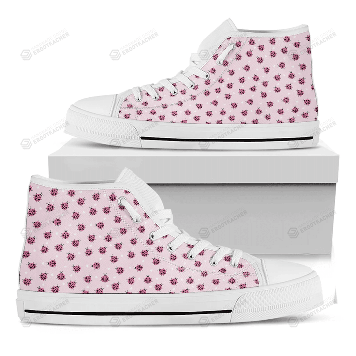 Pink Ladybug Pattern Print White High Top Shoes For Men And Women