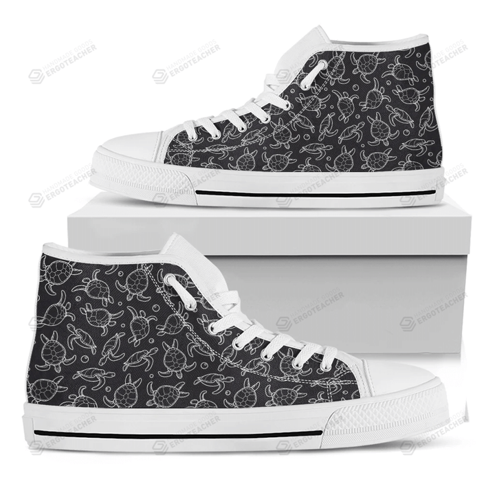 Black And White Sea Turtle Pattern Print White High Top Shoes For Men And Women
