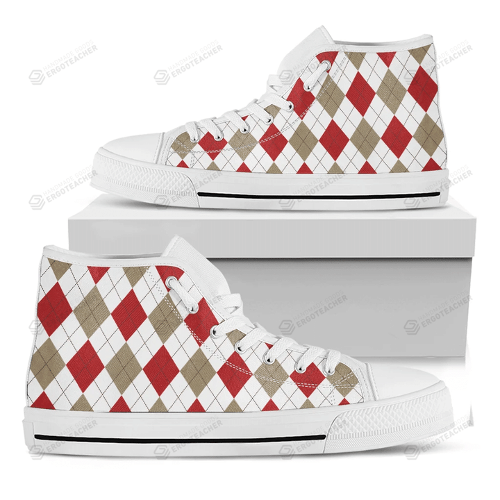 White Red And Beige Argyle Pattern Print White High Top Shoes For Men And Women