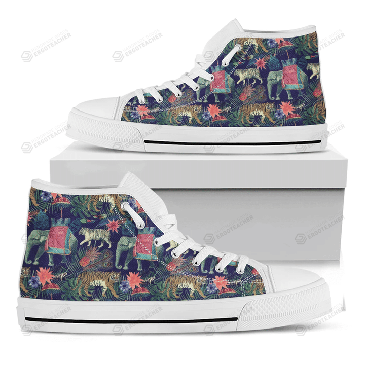 Asian Elephant And Tiger Print White High Top Shoes For Men And Women