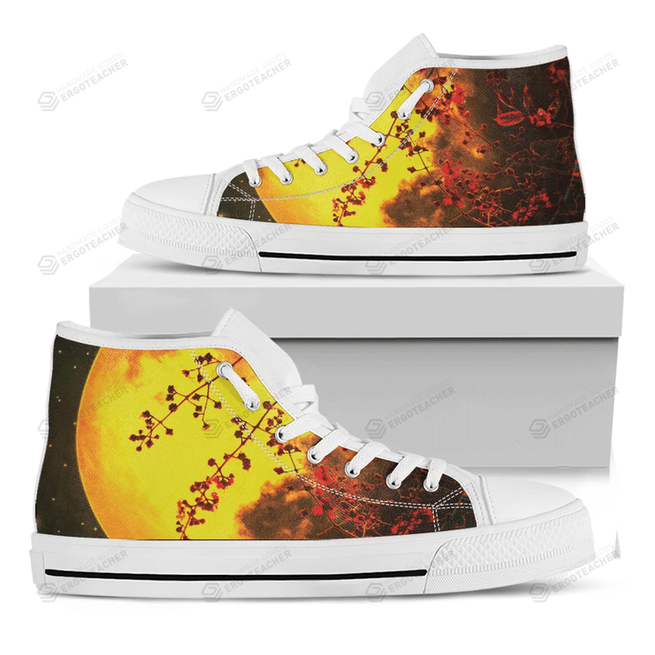 Yellow Full Moon Print White High Top Shoes For Men And Women