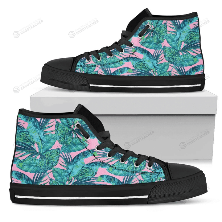 Pink Teal Tropical Leaf Pattern Print Men's High Top Shoes