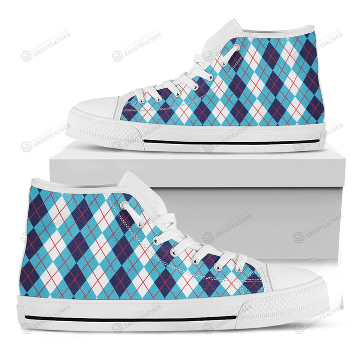 White And Blue Argyle Pattern High Top Shoes