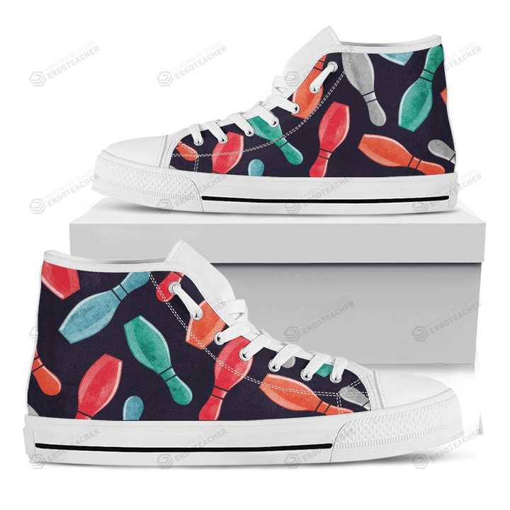 Watercolor Bowling Pins Pattern Print White High Top Shoes For Men And Women