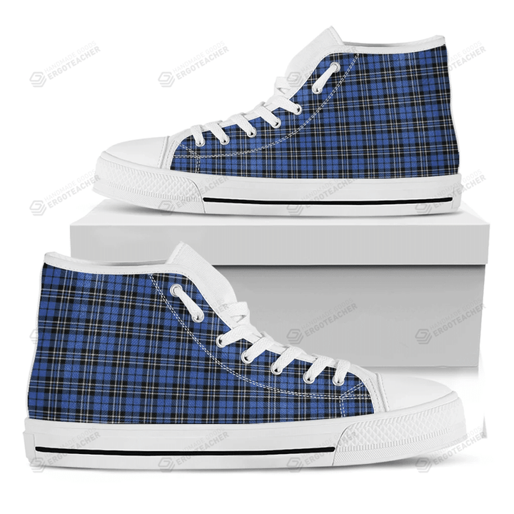 Black And Blue Tartan Pattern Print White High Top Shoes For Men And Women