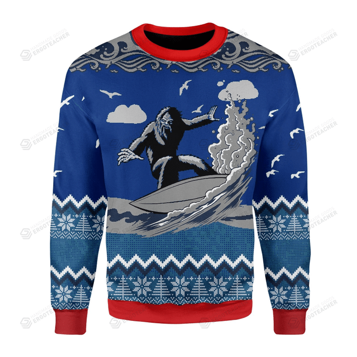 Bigfoot Surfing Ugly Christmas Sweater, All Over Print Sweatshirt