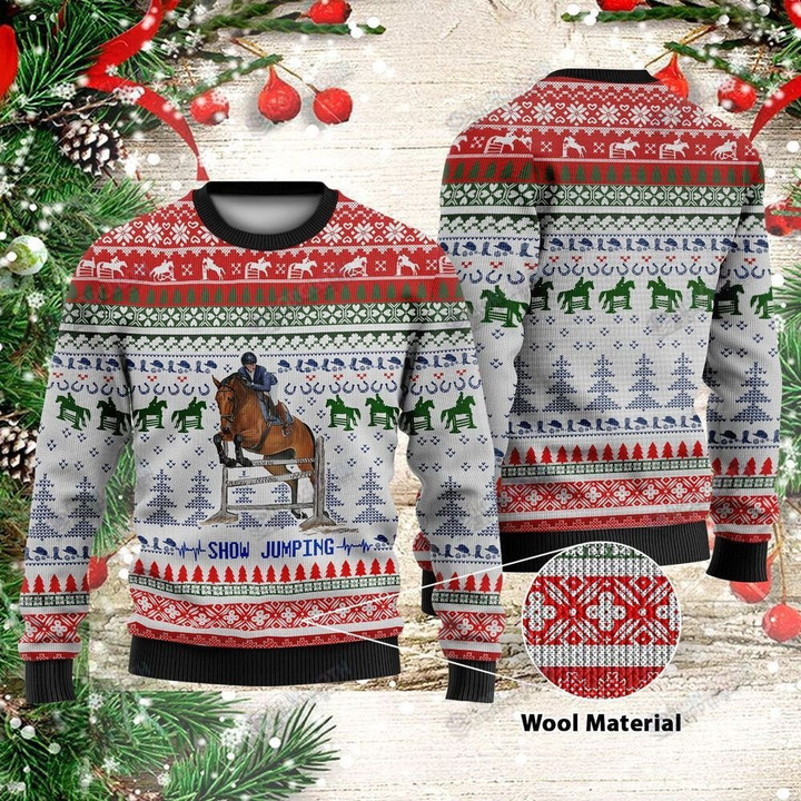 Show Jumping Lover Wool Ugly Christmas Sweater, All Over Print Sweatshirt
