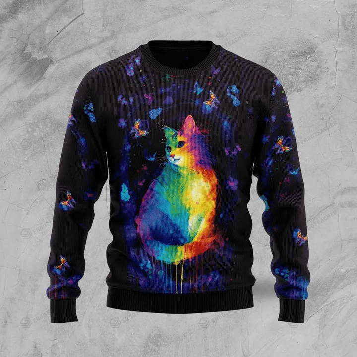 Cat Colorful Ugly Christmas Sweater, All Over Print Sweatshirt