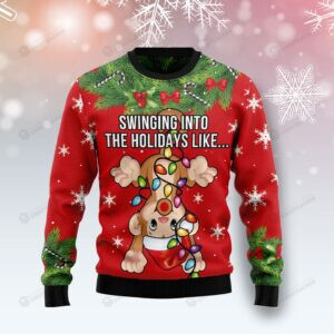 Monkey Swing Into The Holiday For Unisex Ugly Christmas Sweater, All Over Print Sweatshirt