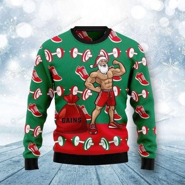 Muscle Santa Claus Workout Gains Red Green Ugly Christmas Sweater