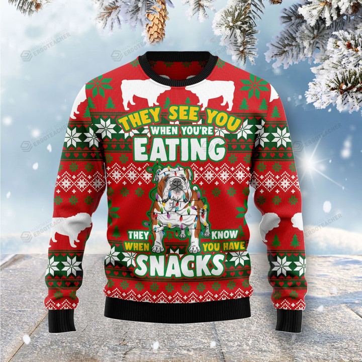 Bulldog Snacks Christmas Light Dog Lover Ugly Sweater