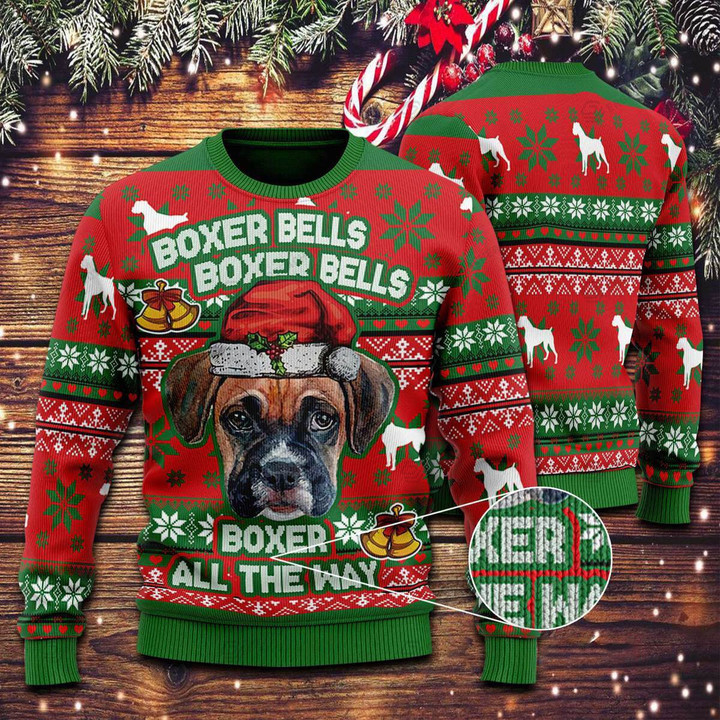 Boxer Bells Merry Christmas Ugly Christmas Sweater, All Over Print Sweatshirt