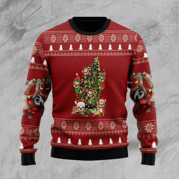 Funny Sloth Decor Christmas Tree Red Ugly Christmas Sweater, All Over Print Sweatshirt