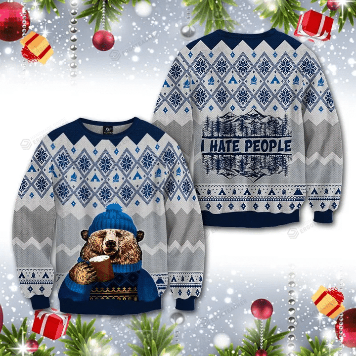 Bear I Hate People Ugly Christmas Sweater, All Over Print Sweatshirt