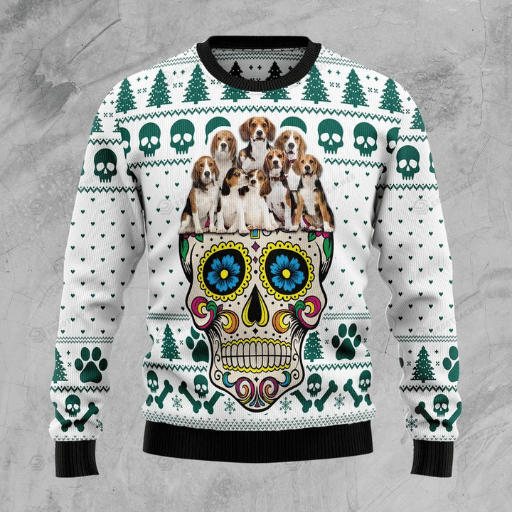 Sugar Skull Beagles Dog Ugly Christmas Sweater, All Over Print Sweatshirt