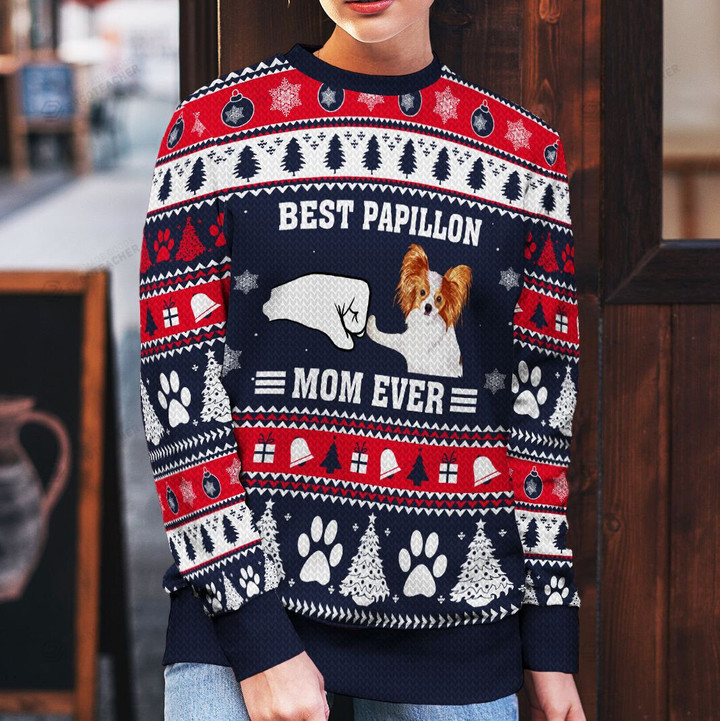 Best Papillon Dad Ever Ugly Christmas Sweater, All Over Print Sweatshirt