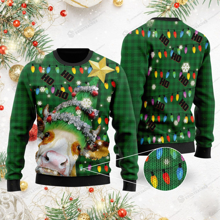 Ho Ho Ho Cow Christmas Tree Ugly Christmas Sweater, All Over Print Sweatshirt