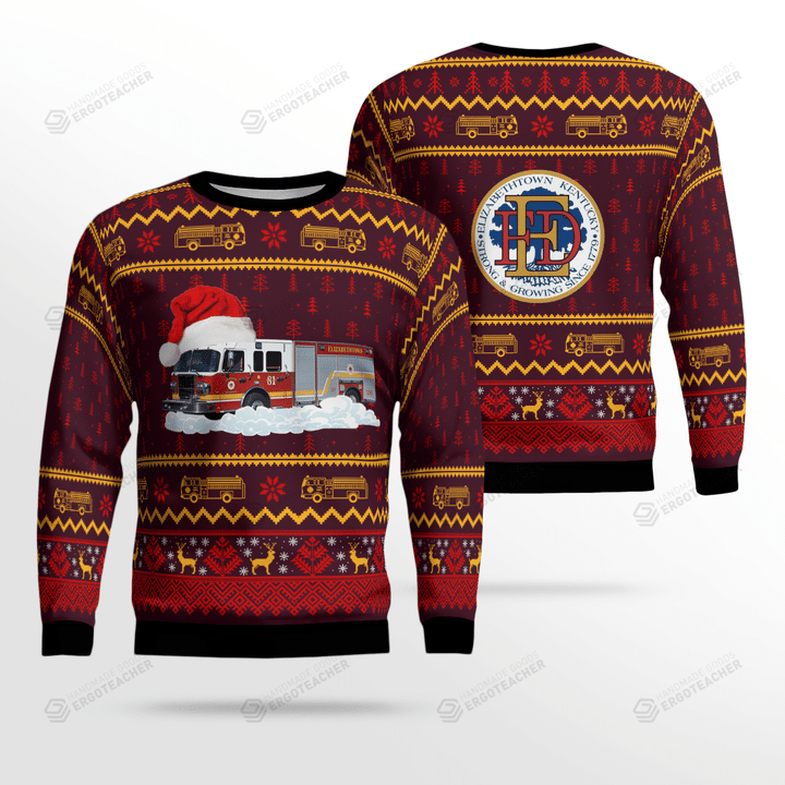 Kentucky, Elizabethtown Fire Department Fire Truck 2081 Christmas Ugly Sweater, All Over Print Sweatshirt