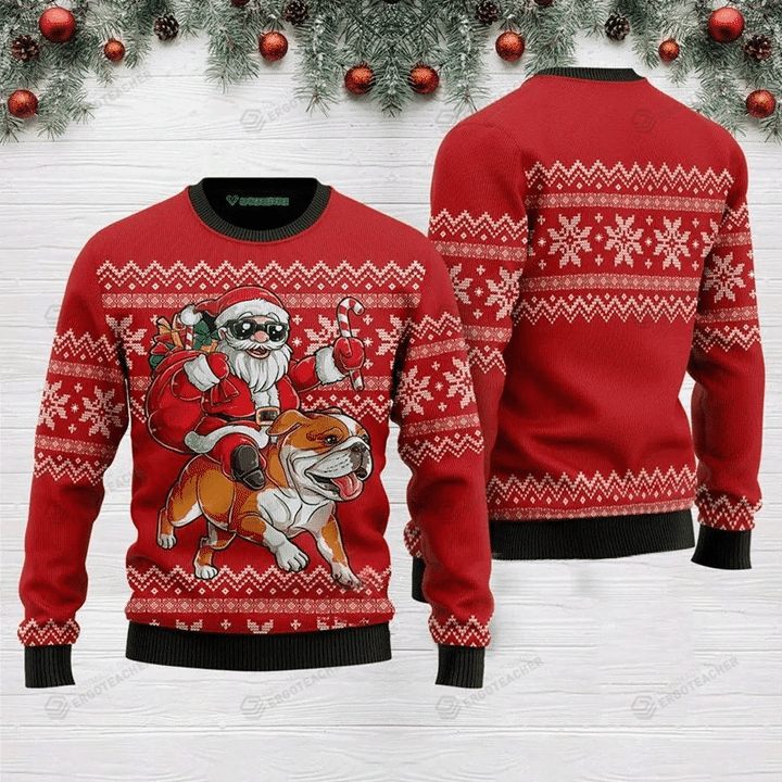 Santa Riding English Bulldog Ugly Christmas Sweater, All Over Print Sweatshirt
