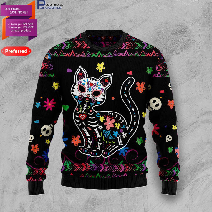 Cat Sugar Skull Christmas Ugly Christmas Sweater, All Over Print Sweatshirt