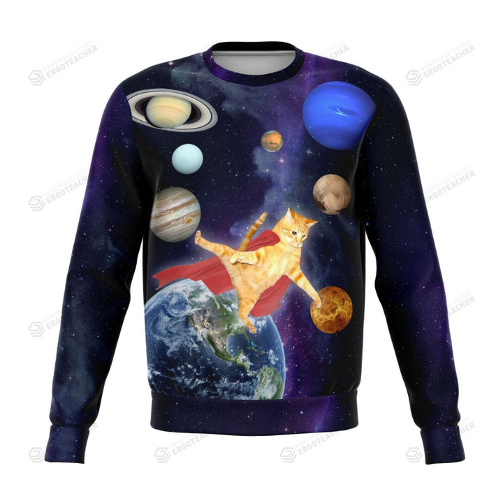 Space Hero Cat Ugly Christmas Sweater, All Over Print Sweatshirt