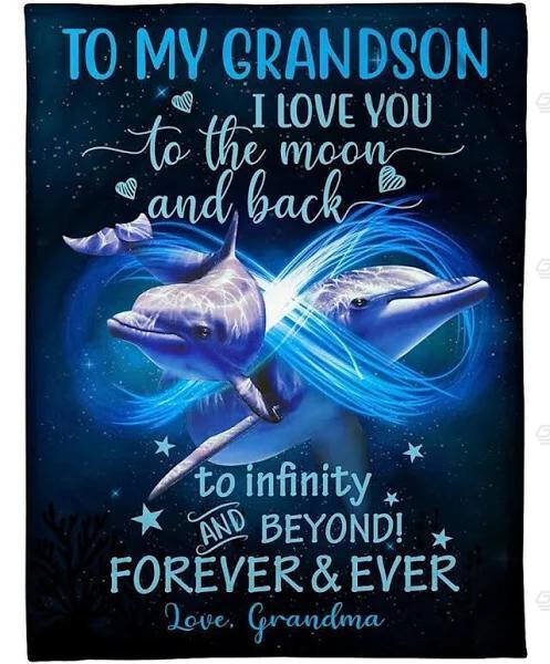 Personalized Dolphin Grandma To Grandson I Love You To The Moon And Back Fleece, Sherpa Blanket