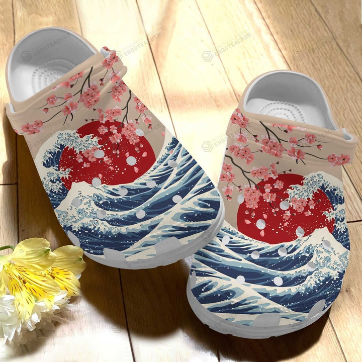 Japan Cherry Blossom And Wave Crocs Crocband Clogs, Gift For Lover Japan Cherry Blossom Crocs Comfy Footwear