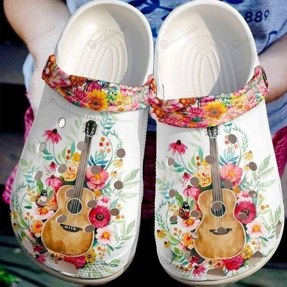 Guitar Flower Crocs Crocband Clogs, Gift For Lover Guitar Flower Crocs Comfy Footwear