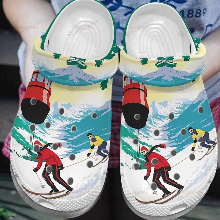 Couple Skiing Snow Mountain Crocs Crocband Clogs,Gift For Lover Couple Skiing Snow Mountain Crocs Comfy Footwear