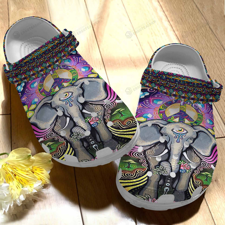 Hippie Peace Love Elephant Crocs Crocband Clogs, Gift For Lover Hippie Peace Love Elephant Crocs Comfy Footwear